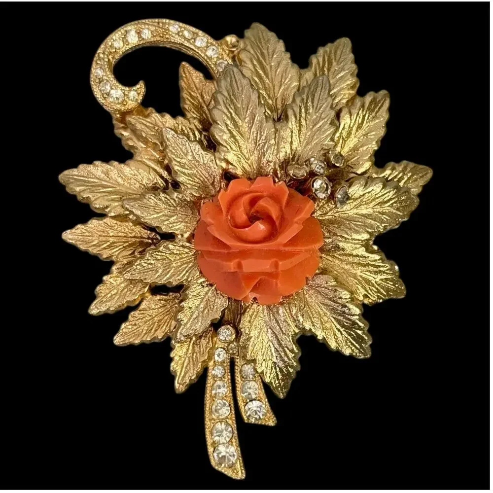Eisenberg Coral Rose Brooch Pin Vintage Gold Tone Signed Sparkling Rhinestone